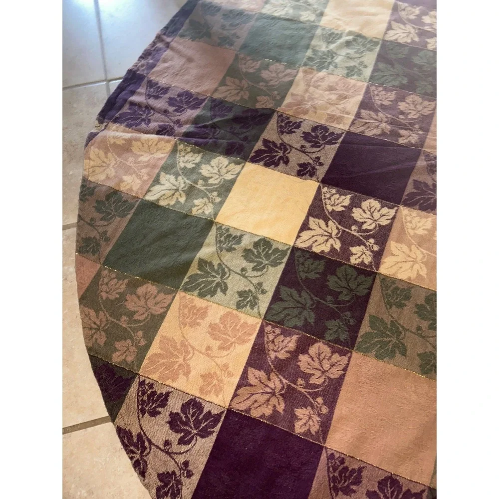 Oblong/Round Patchwork Leaf Jacquard Tablecloth Autumn Harvest Gold Metallic Vtg